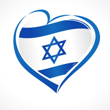 Love Israel, heart emblem national flag colored. Flag of Israel with heart shape for Israel Independence Day isolated on white background. Vector illustration