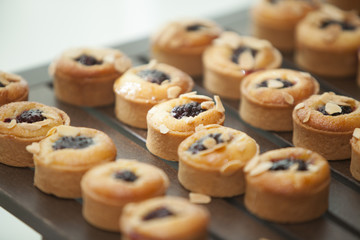 Tasty cakes on line topped with blackberries