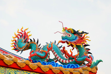 Fototapeta na wymiar Chinese dragon is a symbol of power and wealthy in religious believe of Chinese people. In Chinese Taoism monastery, dragon is presented as powerful decoration on the roof, wall around the compound.