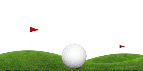 Golf ball on green grass hill of golf course isolated on white.