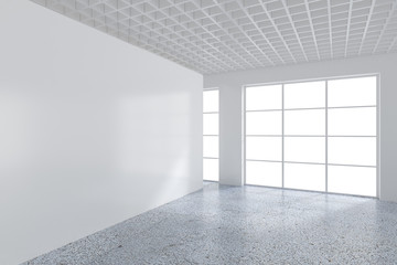 White billboard in an empty office with large windows and beautiful diffused light from the window. 3D rendering.