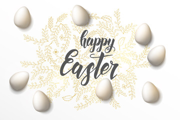 Easter poster with hand made trendy lettering "Happy Easter" and golden floral symbols in sketch style. Banner, flyer, brochure. Background for holidays, postcards, websites
