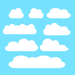 Cloud vector icon set white color on blue background. Sky flat illustration collection for web, art and app design. Different cloudscape weather symbols