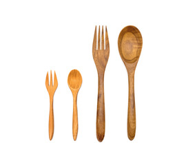 Set of wooden spoon and wooden fork isolated on white background.