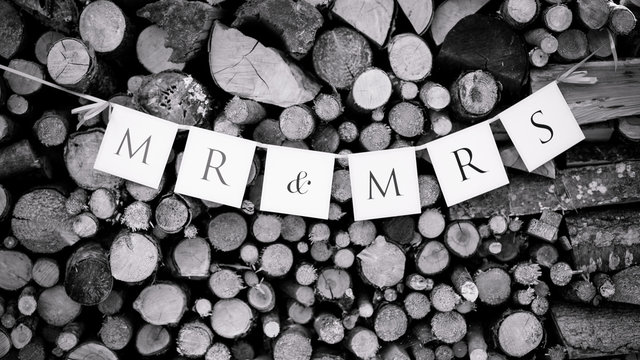 Mr und Mrs Zeichen Schild als Kette vor Holz