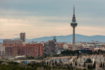 Fototapeta premium Skyline of Madrid with the communications tower called El Piruli in the foreground.