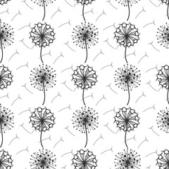Obraz premium Monochrome dandelion flowers and seeds seamless pattern