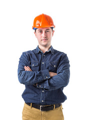 Portrait of smiling repairman (builder) in helmet  isolated on white background