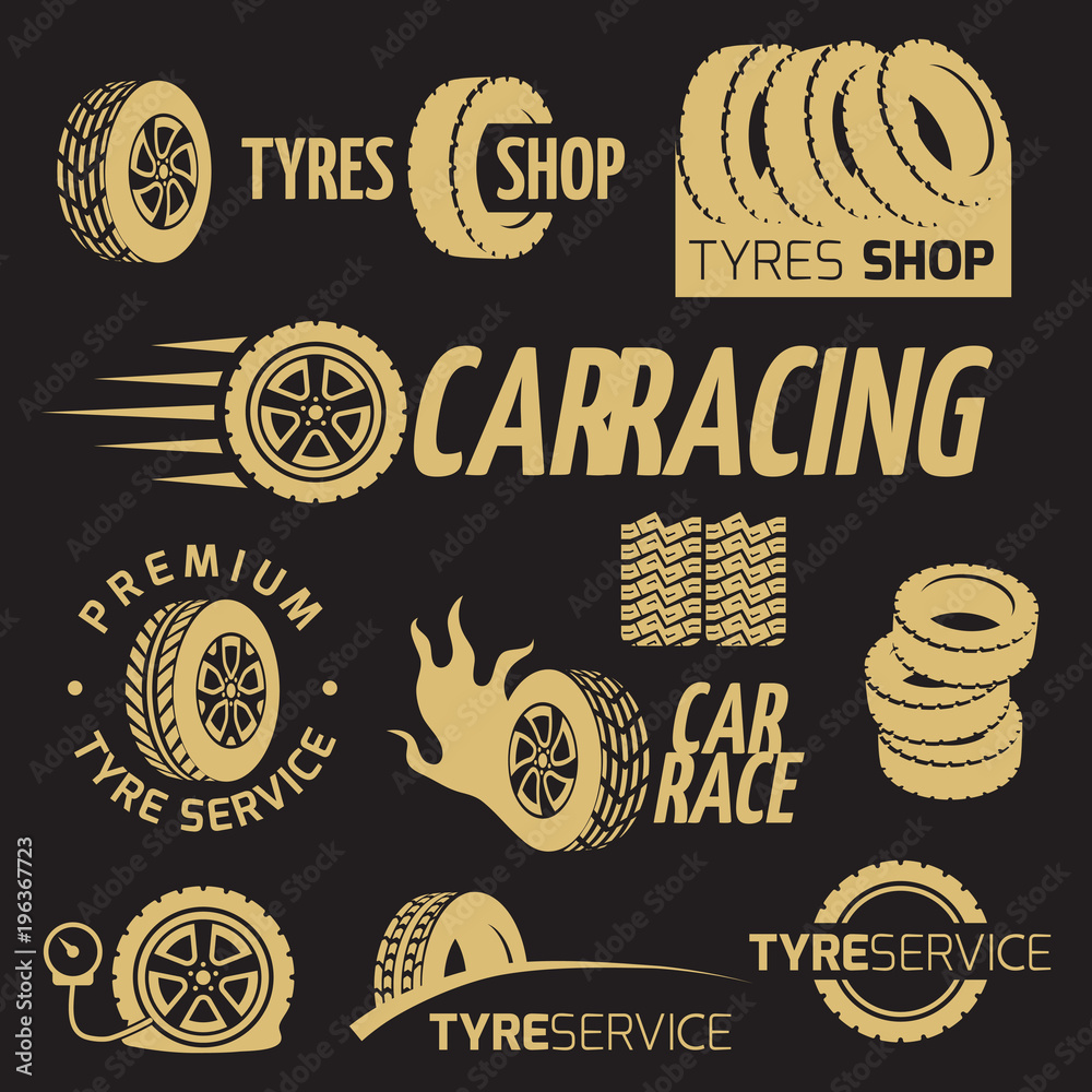 Canvas Prints Automobile rubber tire shop, car wheel, racing vector logos and labels set