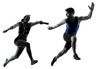 athletics relay runners sprinters running runners in silhouette isolated on white background