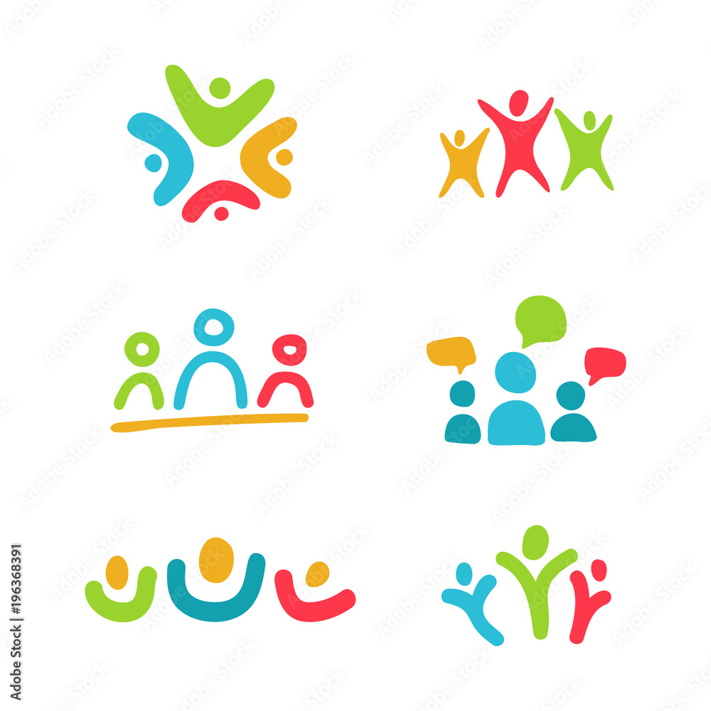 Wall mural Social relationship logo and icon set. Colorful symbols. Family, teamwork, social communication and connection concept.