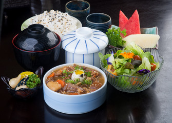 japanese cuisine. beef soup on the background