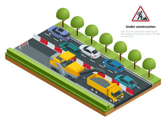 Isometric traffic on the road, road repairs concept. Cold milling machine removing asphalt layer on a road.