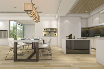 3d rendering beautiful modern white kitchen and dining room