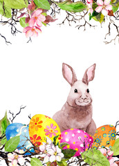 Easter bunny, colored eggs, grass and pink flowers. Watercolor Easter card