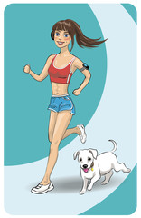 A girl with dark hair, running together with little white dog, isolated on turquoise blue background. Vector hand drawn illustration.