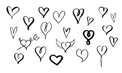 Set of hand drawn brush hearts. Big collection. Brush pen handwriting icons illustration. Vector ink eps 8, 10. Black on white