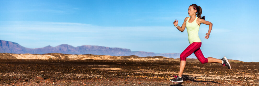 Runner Girl Running On Trail Run Outdoor In Summer Banner Panorama. Active Healthy Lifestyle.