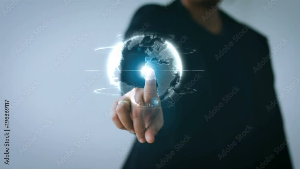Poster hand of business woman pointing at ui world map with user interface and icon for network security pa