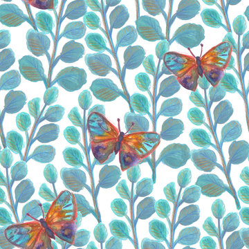 Watercolor painted plants and butterflies Bright seamless patter