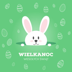Wielkanoc Wesołych Świąt, koncepcja kartki z życzeniami w języku polskim, króliczek wychyla się z nory, w tle motyw z jajek wielkanocnych - obrazy, fototapety, plakaty