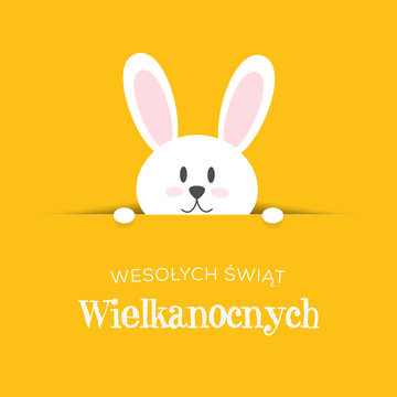 Wesołych Świąt Wielkanocnych, koncepcja kartki z życzeniami w języku polskim, kr&oacute;liczek wychyla się z nory