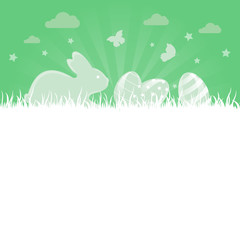 Pusta kartka wielkanocna z pisankami, króliczkiem i motylami na zielonym tle - obrazy, fototapety, plakaty