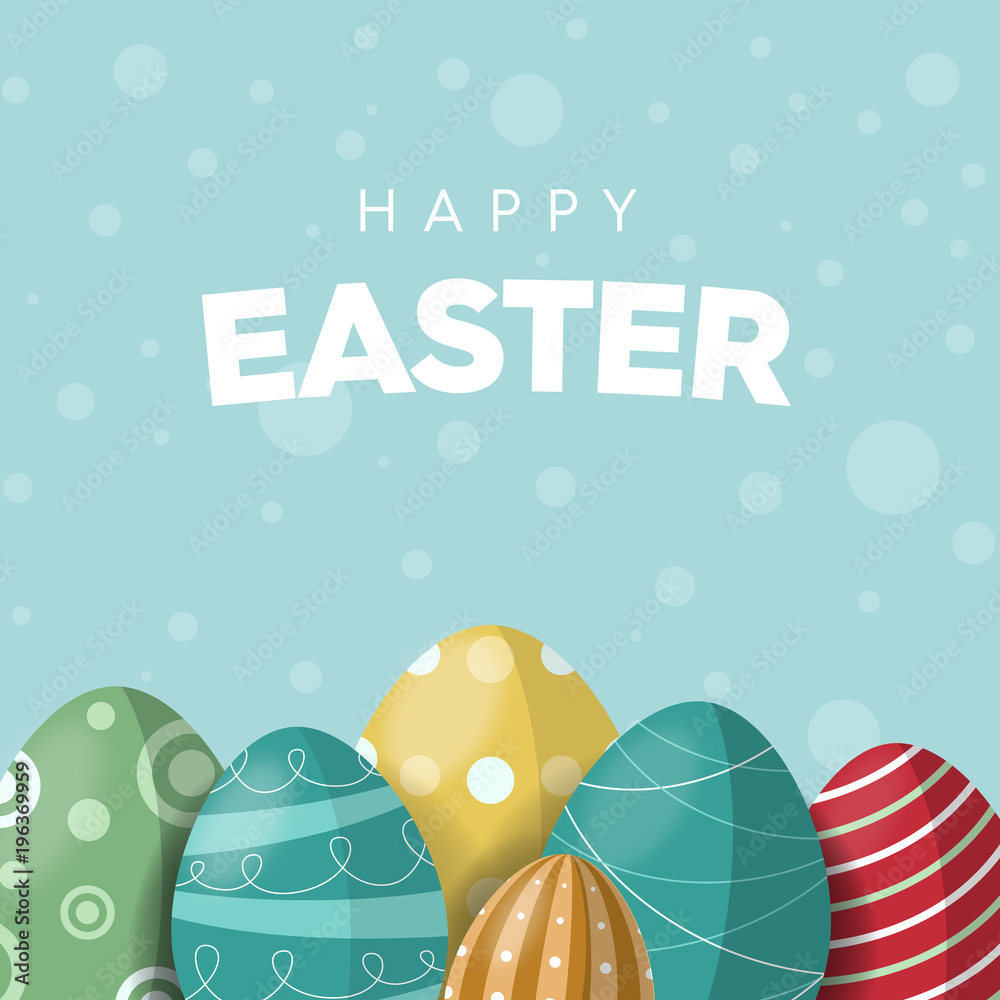 Sticker happy easter concept of greeting card with beautiful colorful eggs and background with dots
