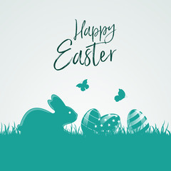 Greetings Happy Easter with easter eggs, bunny and butterflys on a turquoise background