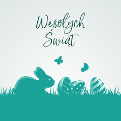 Wesołych Świąt Wielkanocnych po polsku z pisankami, króliczkiem i motylami na turkusowym tle - obrazy, fototapety, plakaty