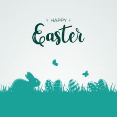 Greetings Happy Easter with easter eggs, bunny and butterflys on a turquoise background