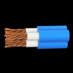Copper electrical cable cleared wire. 3d render illustration on black background.