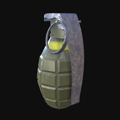 Hand bomb frag grenade green metal with scratches and round pin over. 3d render on black