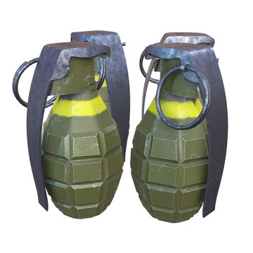 Hand bombs frag grenade green metal with scratches and round pin over. 3d render isolated on white.