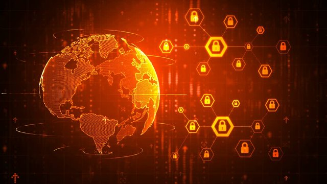 4K Animation hexagon shape with lock icon for network security padlock cyber futuristic technology concept on dark background with grain processed