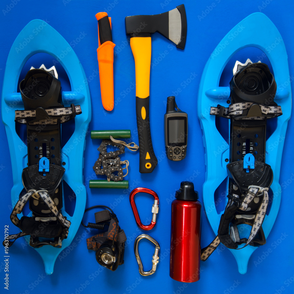 Wall mural kit of gear for survival in wilderness during winter