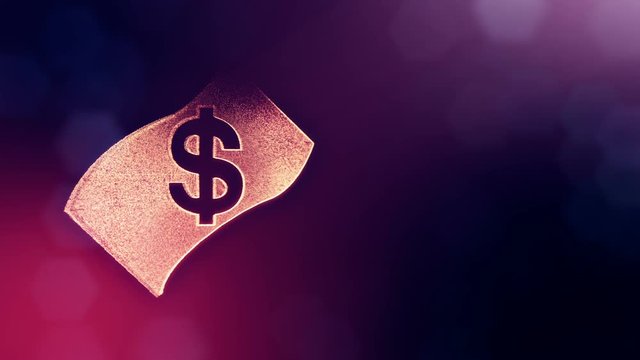 dollar sign in emblem of banknote. Finance background of luminous particles. 3D loop animation with depth of field, bokeh and copy space for your text. Violet color v2