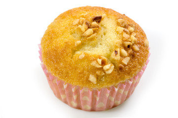 Close up muffin, cupcake,banana cake with dried nuts Isolated on white background.