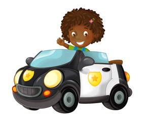 cartoon scene with child - girl in toy police car on white background - illustration for children