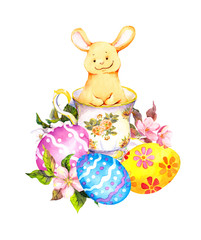 Cute easter bunny in tea cup, with colored eggs, flowers. Watercolor