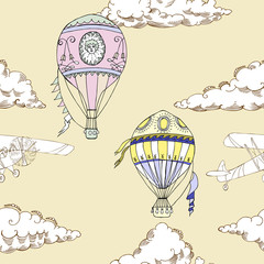 Seamless pattern with clouds, hot air balloons and airplanes