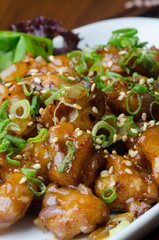 japanese cuisine. fry sauce chicken on the background