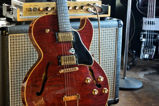 Semi Acoustic Electric Guitar With Tube Amp Studio Background