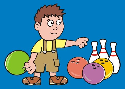 Boy and bowling ball and pins, vector icon for sport game tournament