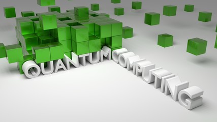 Wall of green metallic cubes on white with boxes floating quantum computing concept