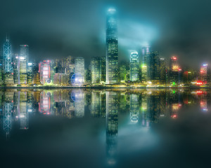 Skyline of Hong Kong in mist from Kowloon, China