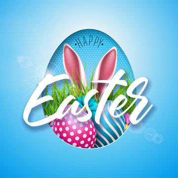 Vector Illustration of Happy Easter Holiday with Painted Egg, Rabbit Ears and Flower on Shiny Blue Background. International Spring Celebration Design with Typography for Greeting Card, Party