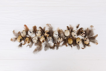 Easter quail eggs and feathers on white background. Flat lay, top view