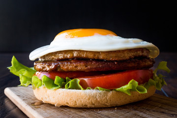 Homemade Double Hamburger with Egg, Lettuce and Tomatoes.