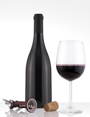 Isolated Red Wine Bottle in a White Background, no Label Label and Glass